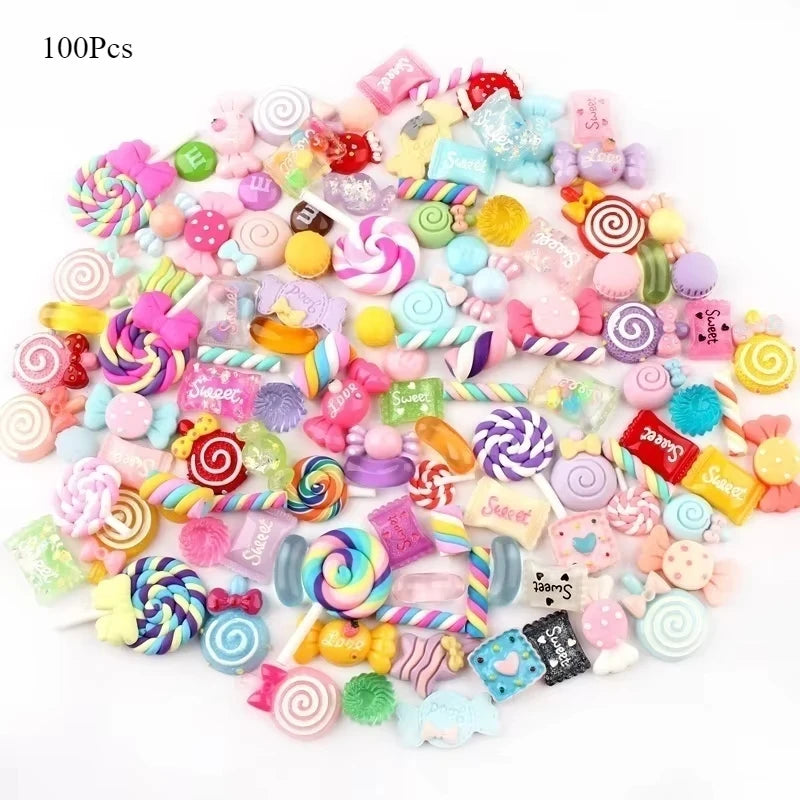 30/50/100Pcs Mix Design Candy Sweets Flatback Resin Cabochons for Kids Embellishments lifestyle view