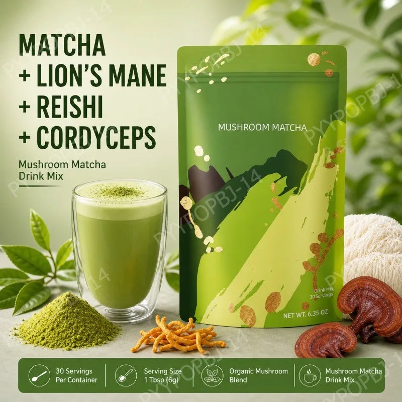 Mushroom Matcha Powder with Lion's Mane, Reishi & Cordyceps, 6.35 Oz (180g) , Non-GMO Gluten-Free