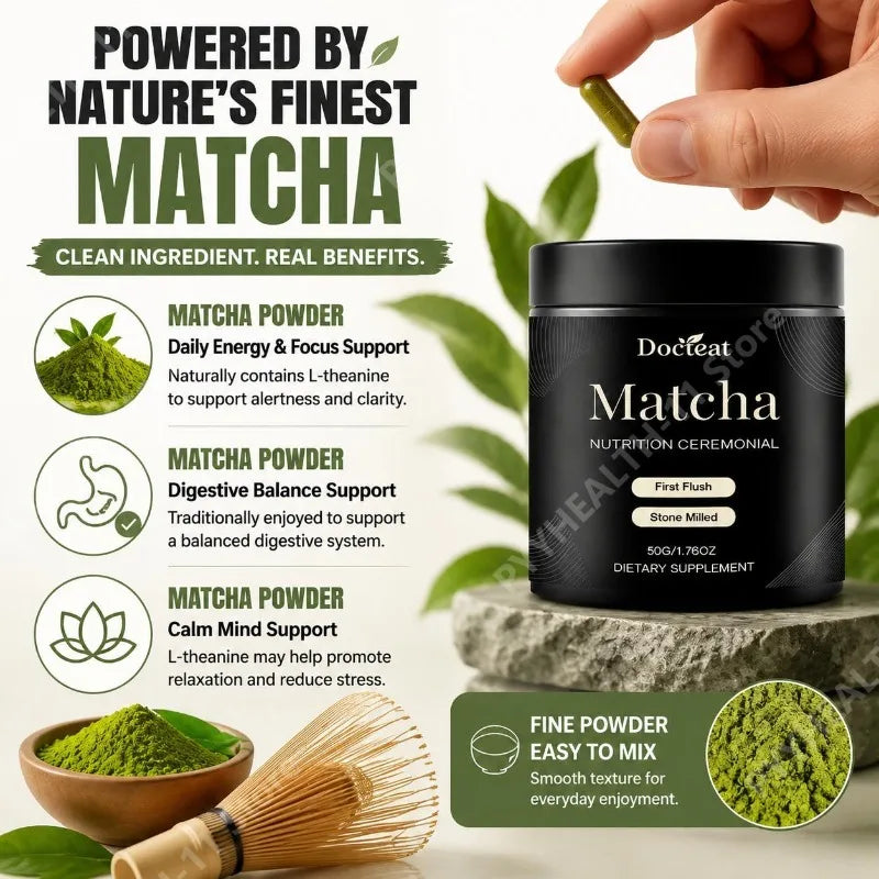 Docteat Matcha Powder Easy Mix and Drink Stone Milled First Flush for Daily Energy Foc close-up view