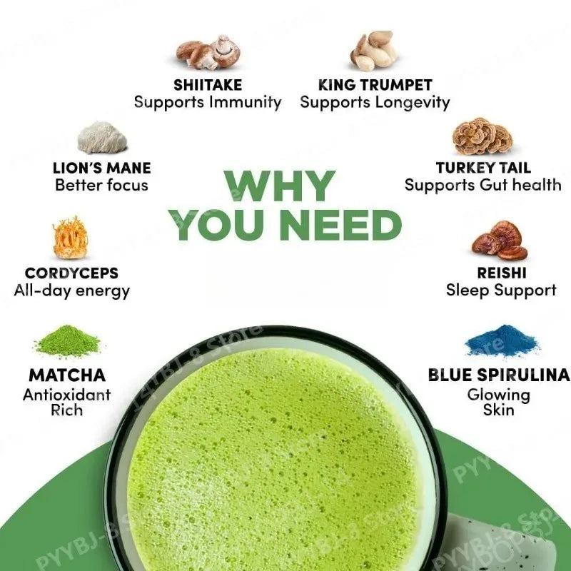 Mushroom Matcha Powder with Lion's Mane, Reishi & Cordyceps, 6.35 Oz (180g) , Non-GMO close-up view