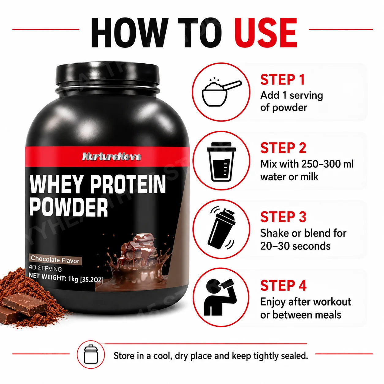 NurtureNova Whey Protein Powder Build Muscle Sport Support Vanilla Flavor Strawberry C close-up view