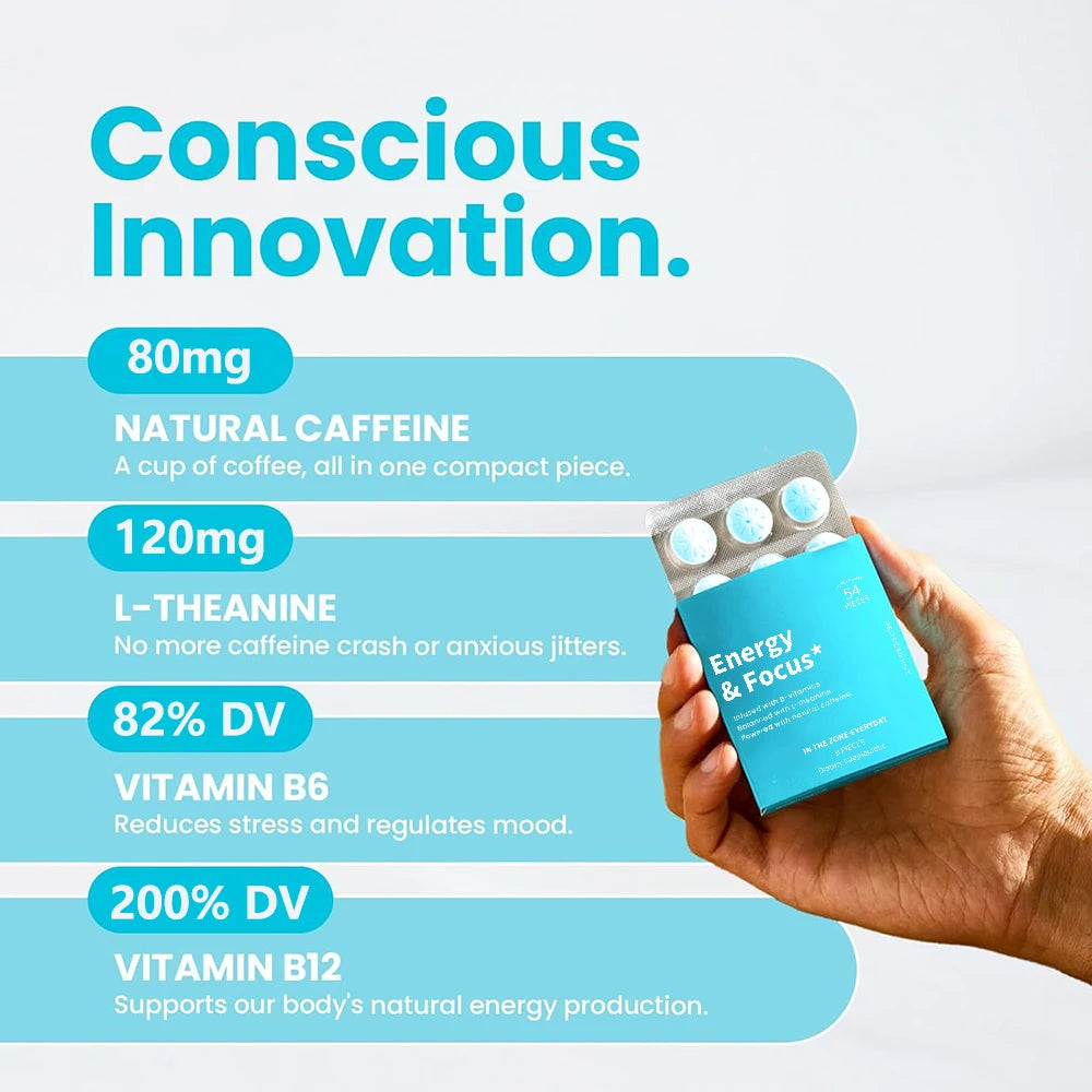 Energy Caffeine Gum with L-theanine, Natural Caffeine, Vitamin B12 & B6 - Nootropic En close-up view