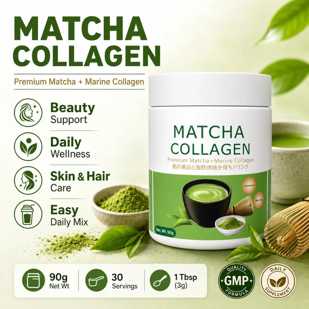 Matcha Collagen Powder with Marine Collagen Organic Green Tea Drink Mix Daily Beauty Wellness Suppor