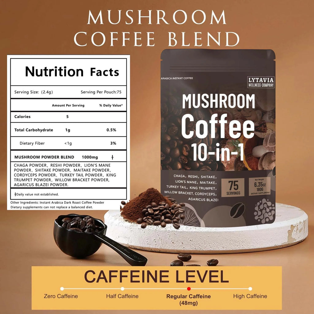 Mushroom Coffee With 10 Adaptogenic Mushrooms And MCT Oil, USA Grown Instant Coffee, Wit detail view