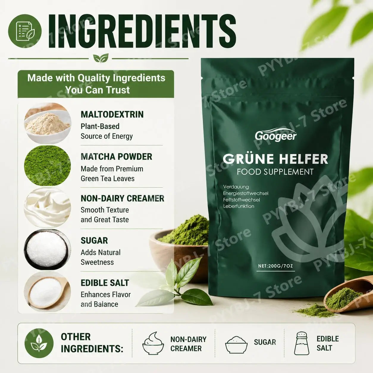 Matcha Green Tea Powder Drink Mix Digestive Support for Adults 200g Wellness Blend for close-up view