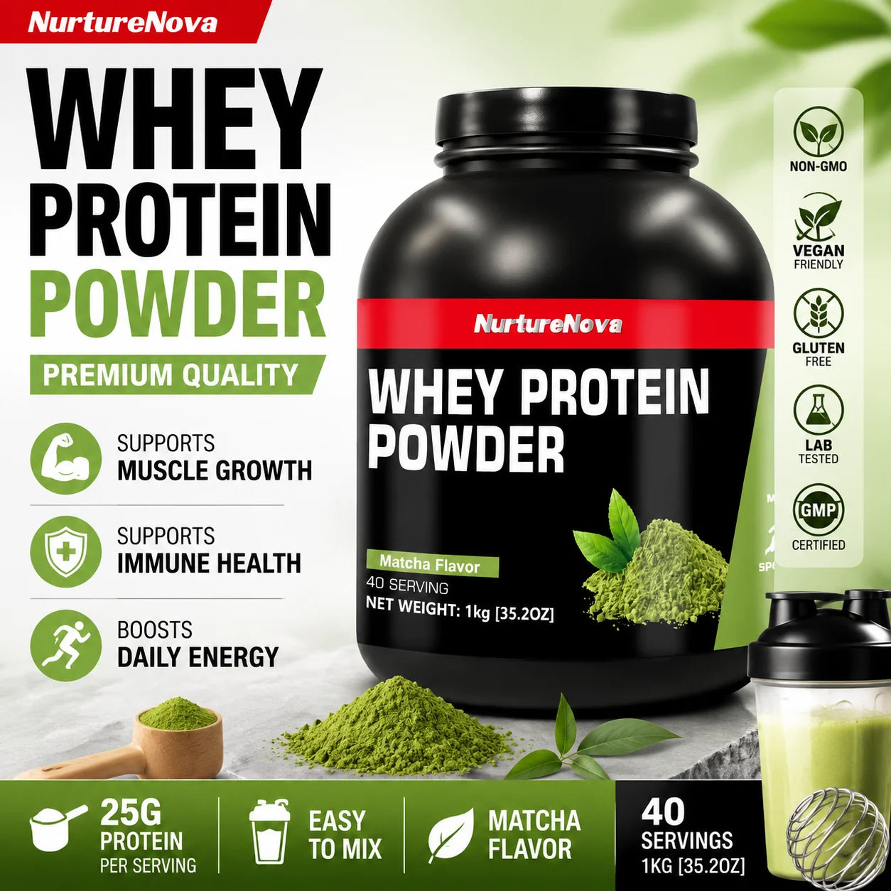 NurtureNova Whey Protein Powder 40 Servings, Protein Drink Mix for Adults, Chocolate Matcha Strawber