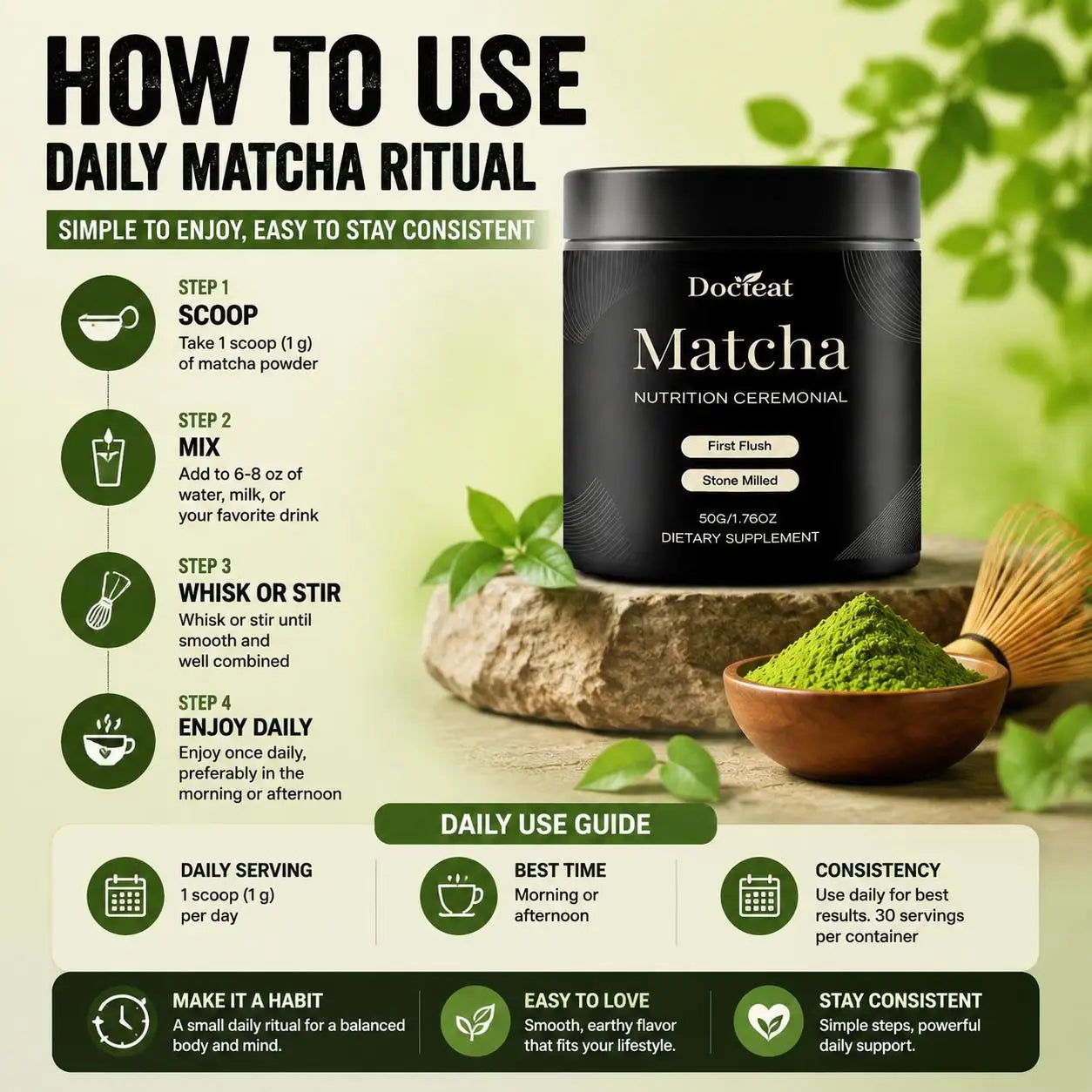 Docteat Matcha Ceremonial Powder 50g Stone Milled Daily Energy Focus Digestive Balanc lifestyle view
