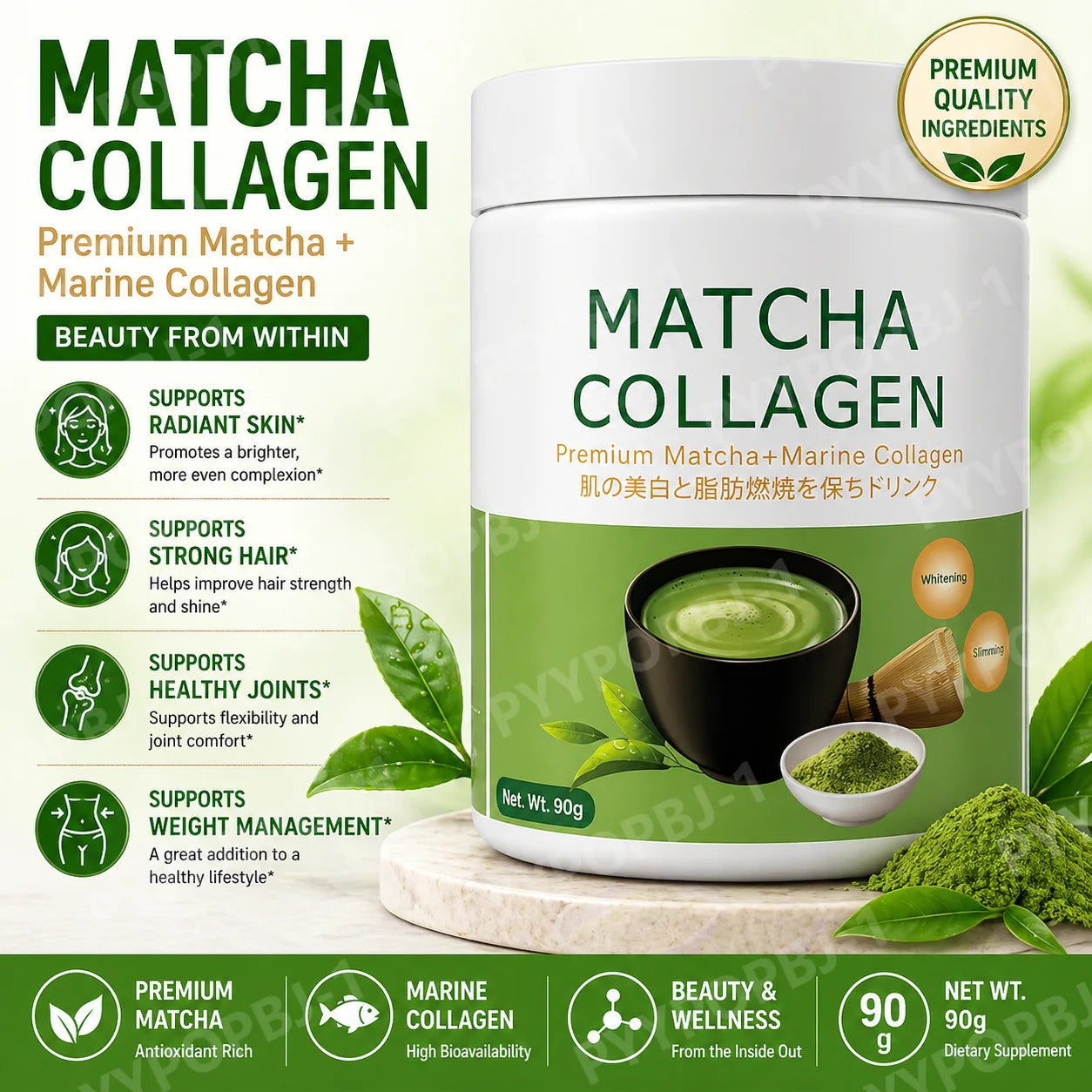 Gluten Free 90g Matcha Collagen Organic Green Tea Matcha Powder for Gut Health, Joint Support, Energ