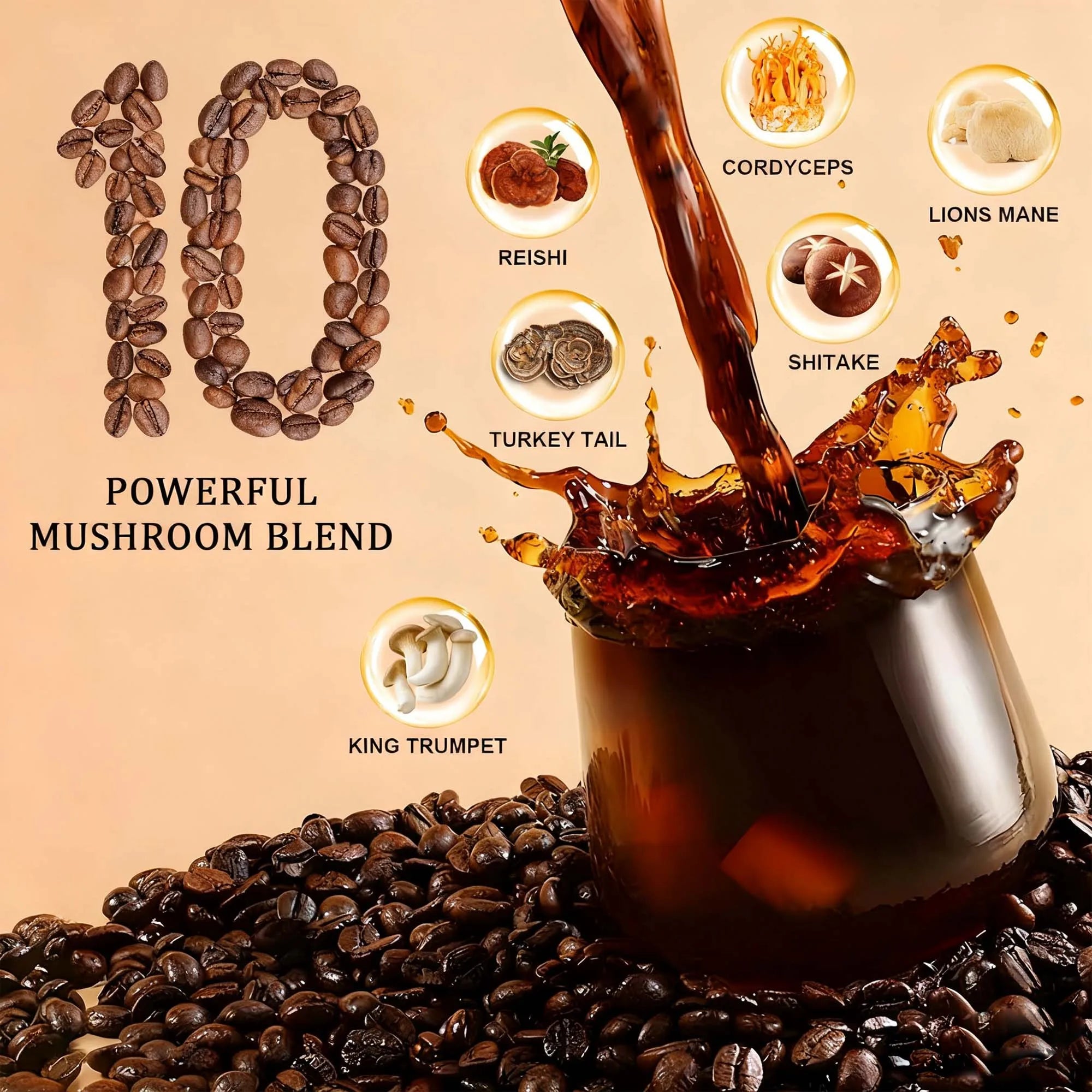 Mushroom Coffee With 10 Adaptogenic Mushrooms And MCT Oil, USA Grown Instant Coffee, W close-up view