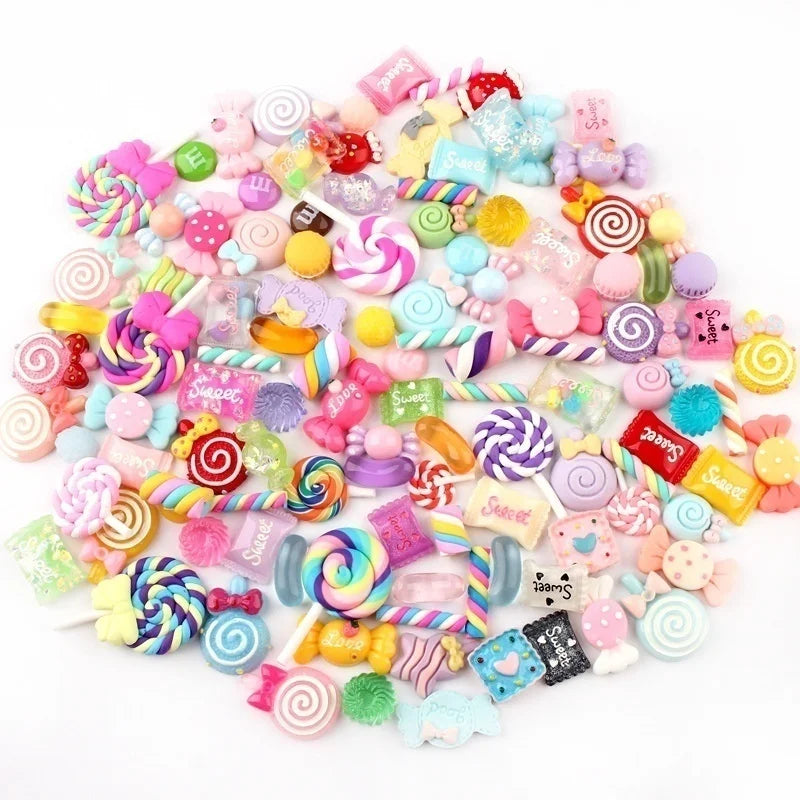 30/50/100Pcs Mix Design Candy Sweets Flatback Resin Cabochons for Kids Embellishments DIY Arts Scrap