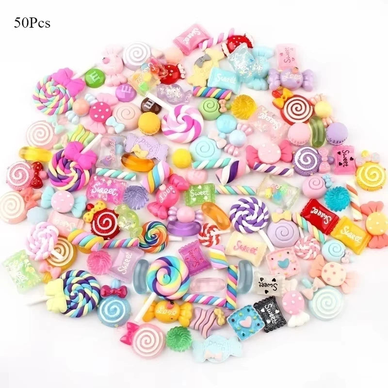 30/50/100Pcs Mix Design Candy Sweets Flatback Resin Cabochons for Kids Embellishments DI detail view