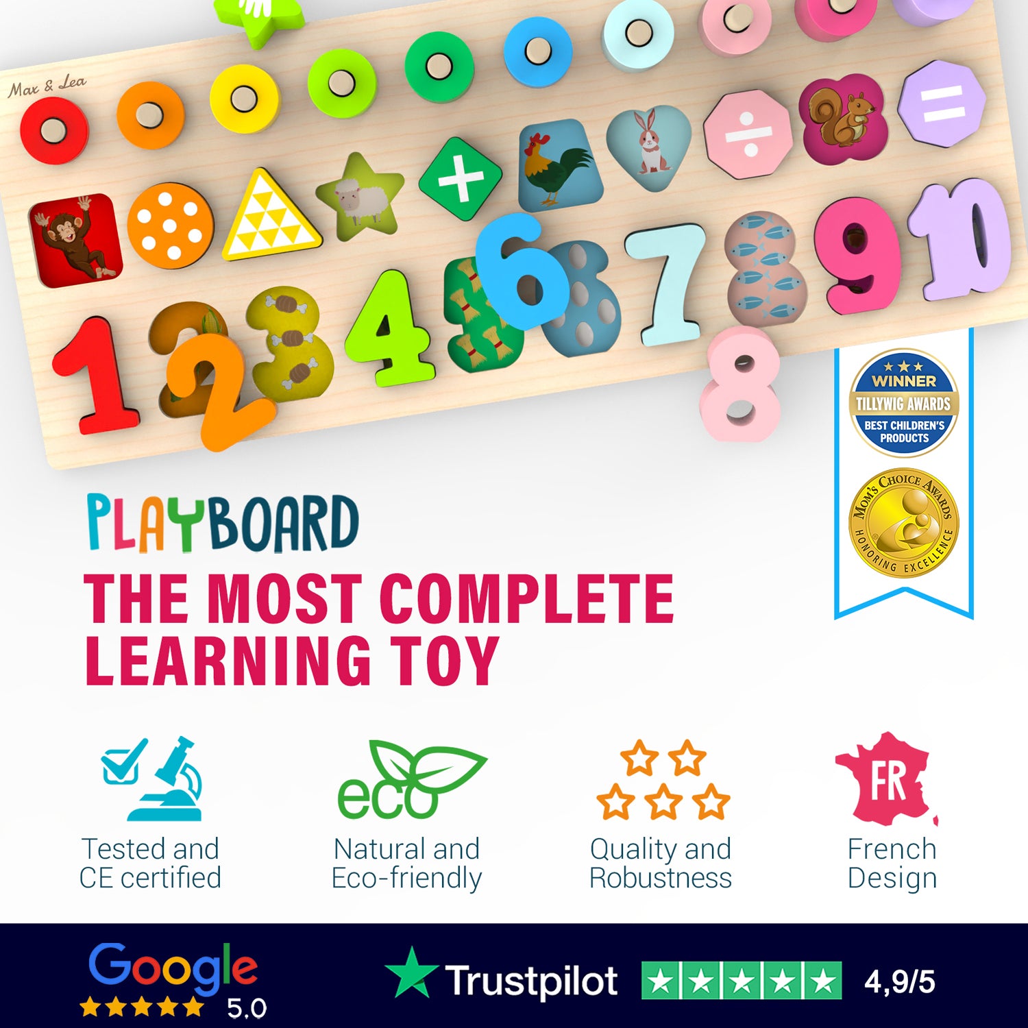 The PlayBoard by Max & Lea is an 8-in-1 wooden educational toy