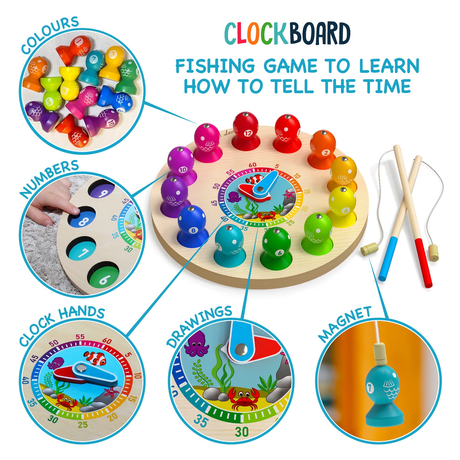 Max & Lea Montessori Clock Board Teaching Time Learning Wooden Games Magnetic Fishing Educational Toy