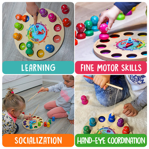 Max & Lea Montessori Clock Board Teaching Time Learning Wooden Games Magnetic Fishing Educational Toy