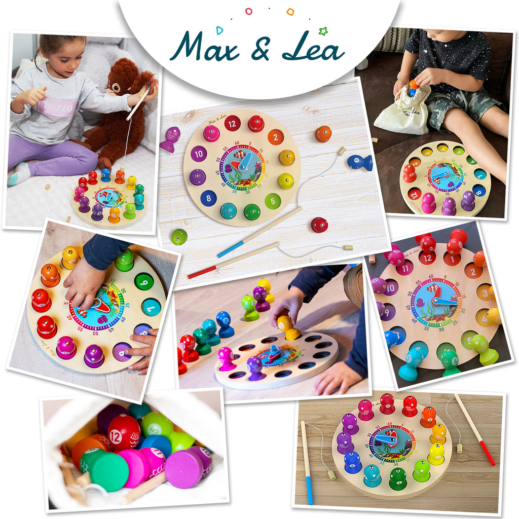 Max & Lea Montessori Clock Board Teaching Time Learning Wooden Games Magnetic Fishing Educational Toy