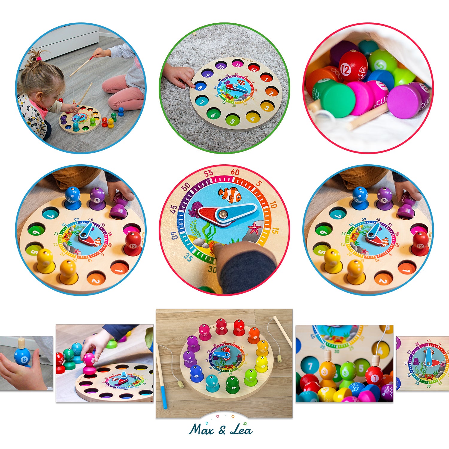 Max & Lea Montessori Clock Board Teaching Time Learning Wooden Games Magnetic Fishing Educational Toy
