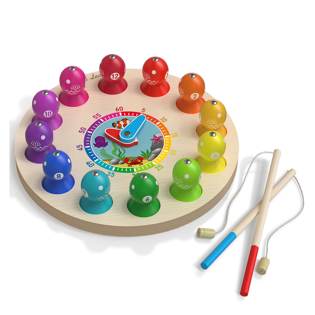 Max & Lea Montessori Clock Board Teaching Time Learning Wooden Games Magnetic Fishing Educational Toy