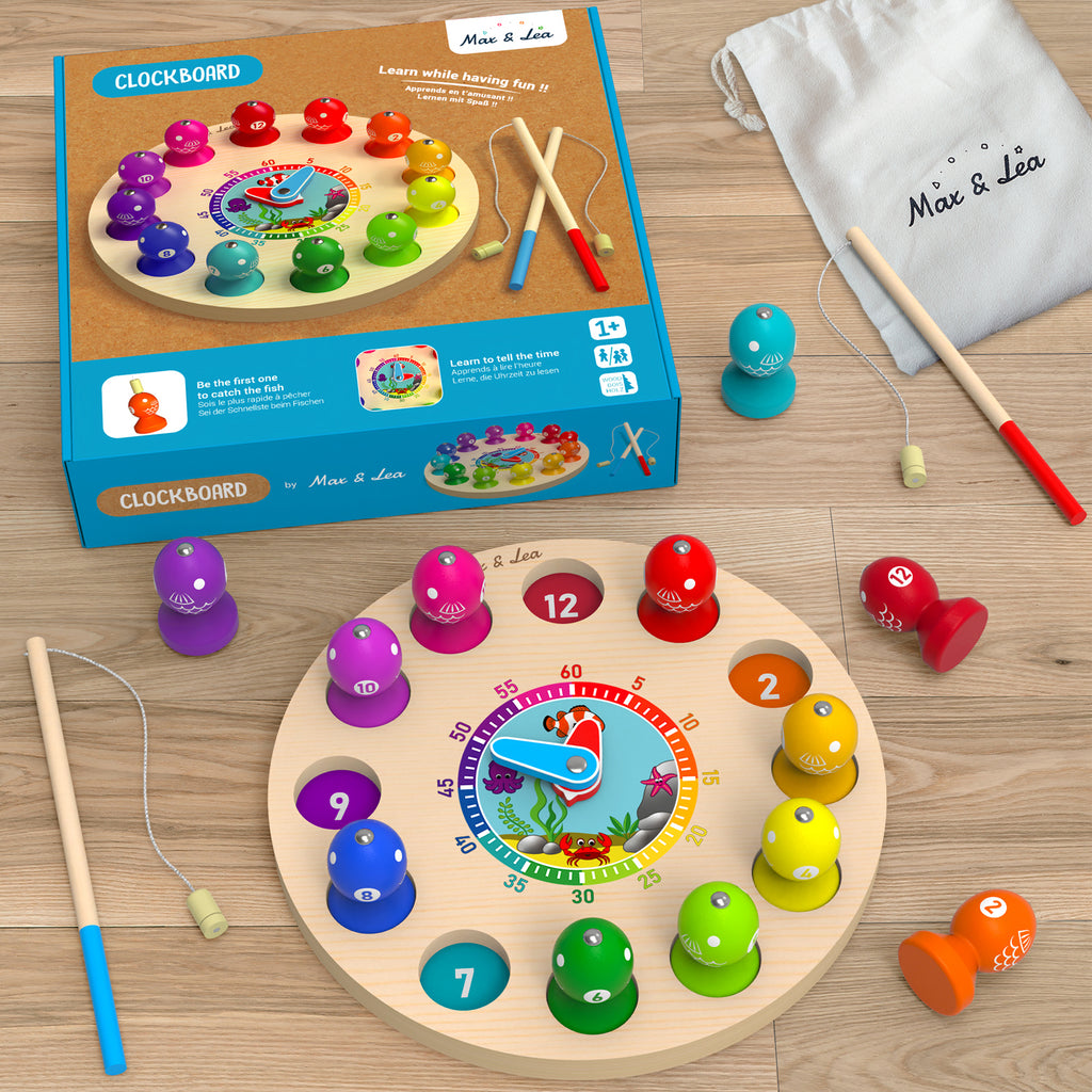 Max & Lea Montessori Clock Board Teaching Time Learning Wooden Games Magnetic Fishing Educational Toy