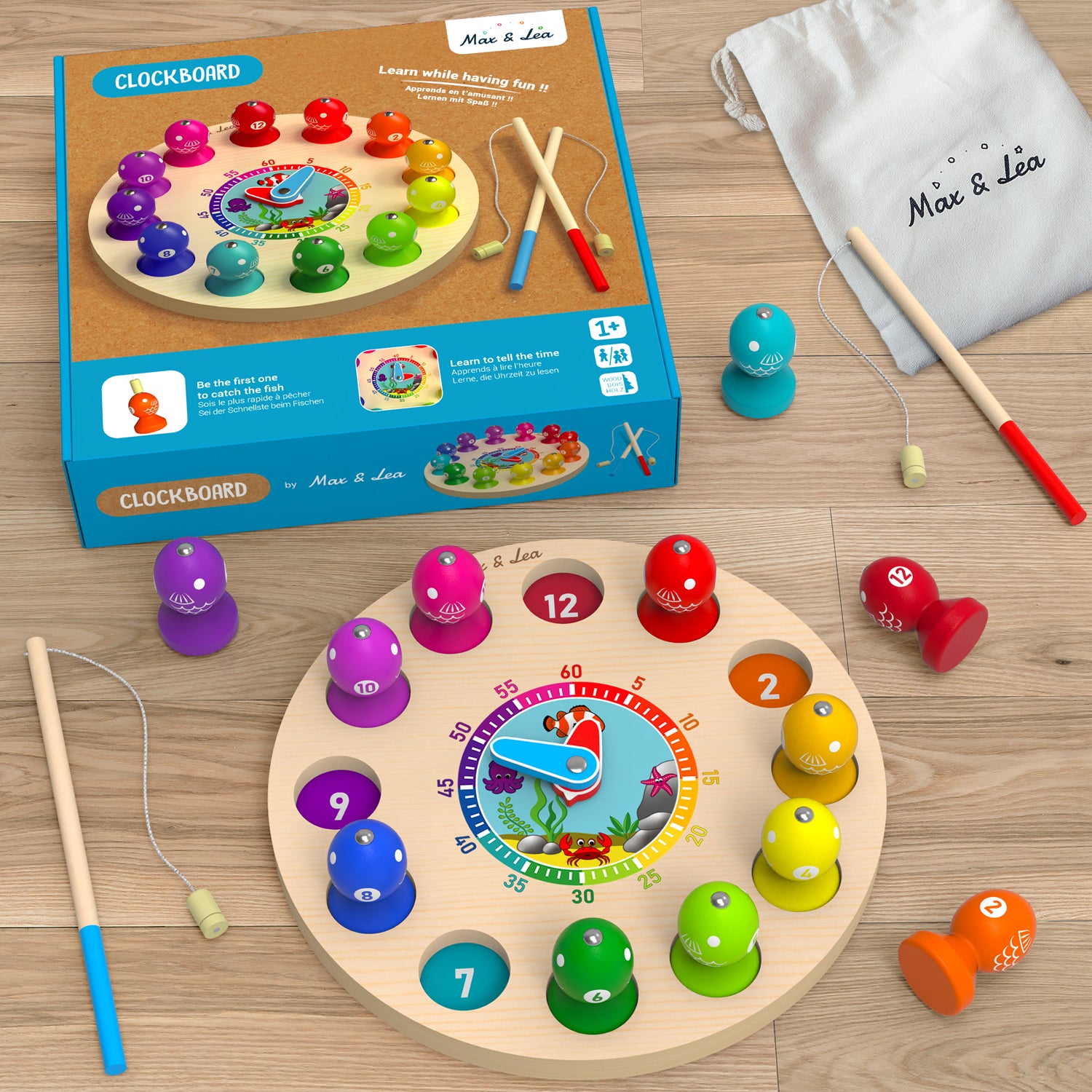 Max & Lea Montessori Clock Board Teaching Time Learning Wooden Games Magnetic Fishing Educational Toy