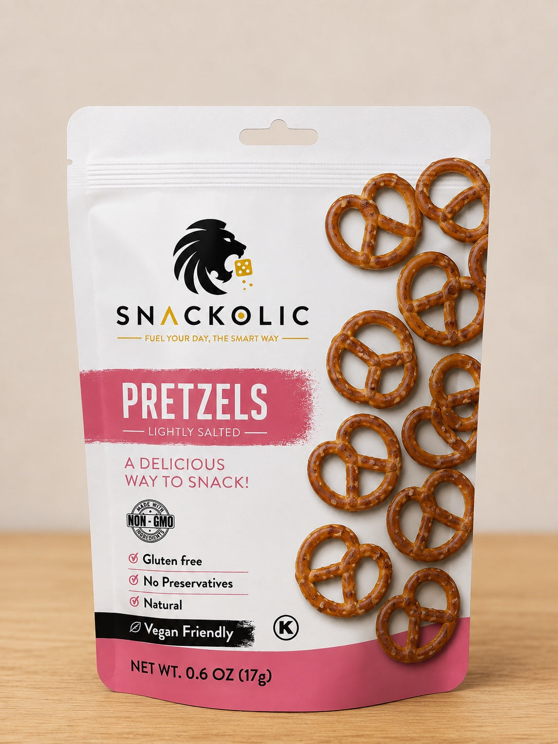 Snackolic Pretzels, Lightly Salted Pretzel Snack, Crunchy Pretzels, Gluten Free, Vegan Friendly, Non-GMO, No Preservatives, Natural Snack, 0.6 oz (17 g)