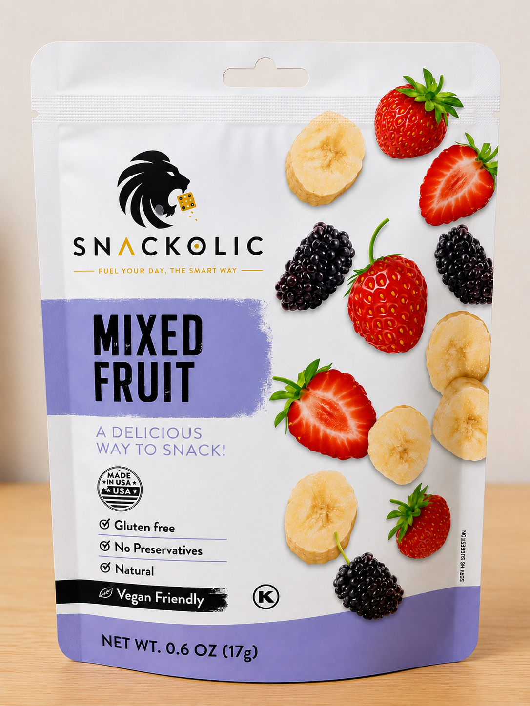 Snackolic Mixed Fruit Crisps, Crunchy Mixed Fruit Snack, Strawberry Banana & Blackberry, Gluten Free, Vegan Friendly, Non-GMO, No Preservatives, Natural Fruit Snack, 0.6 oz (17 g)
